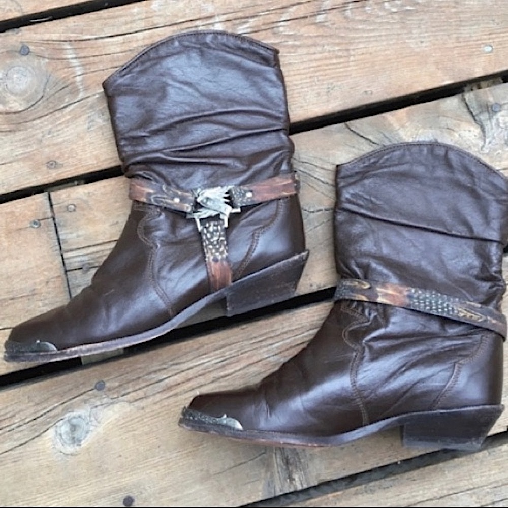 Rare ZODIAC Boots Vintage Moto Brown Leather Silver Gold Floral Feather Size 7.5 - Picture 5 of 11